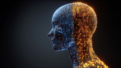 Ai cyber futuristic head profile circuit glowing technology digital neural silhouette with neon blue and orange light, digital circuit pattern sci fi design, artificial intelligence cyberpunk style - Powered by Adobe