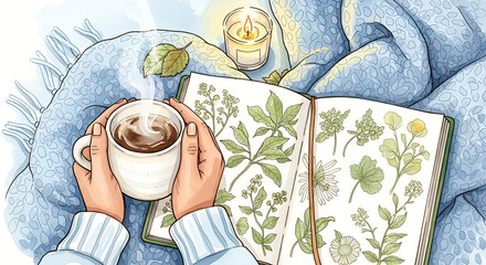 Cozy morning ritual with steaming coffee, botanical journal, and candle for creating a peaceful and relaxing atmosphere indoors