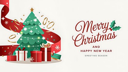 Naklejka premium Christmas tree with gifts and decorative ribbon for festive holiday greeting 