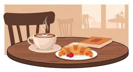 An illustration showing a quiet, cozy scene inside a cafe with a cup of latte, a croissant on a plate, and a book resting on a round wooden table. Represents relaxation, morning, and cafe culture.