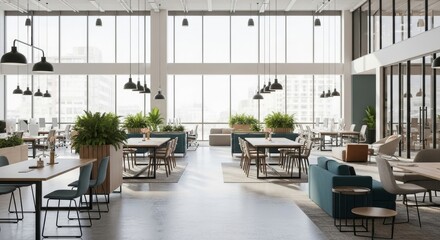 Empty modern open-plan office setting with tables, seating, and green plants. Interior shot of a well-lit office space with tables, chairs, and modern design elements.