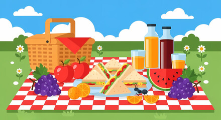 A colorful, cartoon illustration of a classic outdoor picnic setup with a wicker basket, checkered blanket, fruits, sandwiches, and juice bottles in a grassy park setting.