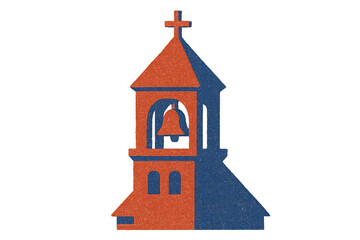 A stylized church bell tower illustration with a gritty, textured effect and a split color design of orange and blue, featuring a cross on the steeple and a bell in the belfry