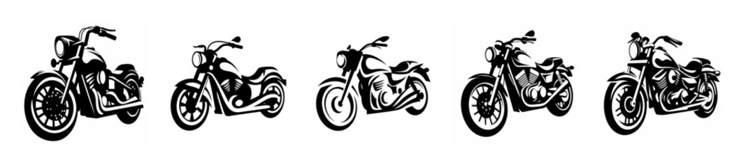 Obraz premium A row of five distinct motorcycles in a stylized black and white artistic rendering