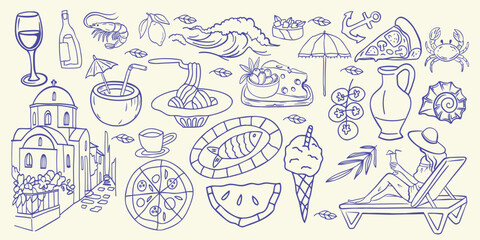 A handmade Italian summer vacation illustration set featuring Mediterranean food, wine, seaside landscapes, beaches, pasta, pizza, fruits, sea animals, umbrellas, buildings and travel elements.