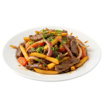 Authentic Peruvian Lomo Saltado with Beef Strips and French Fries isolated on a transparent background 