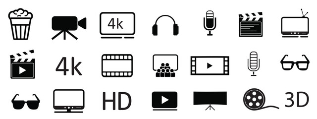Cinema icons vector shape. Video and movie related icons set. Contains such icon as film, movie, tv, video and more.