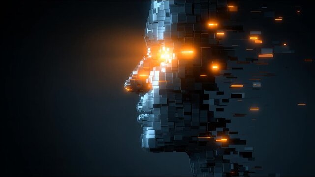 Futuristic cyber abstract technology digital face 3d render neon glow with orange light fragments and pixel blocks, digital face cyber AI technology data glowing particle abstract profile energy