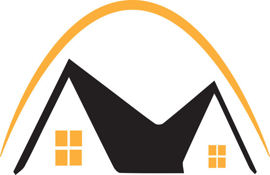 Illustration of modern house roof logo design with orange arch and windows
