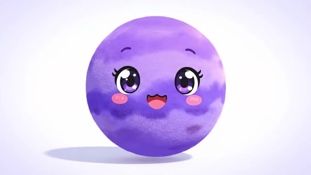 Cute Purple Planet Character with Big Eyes and Smiling Face.