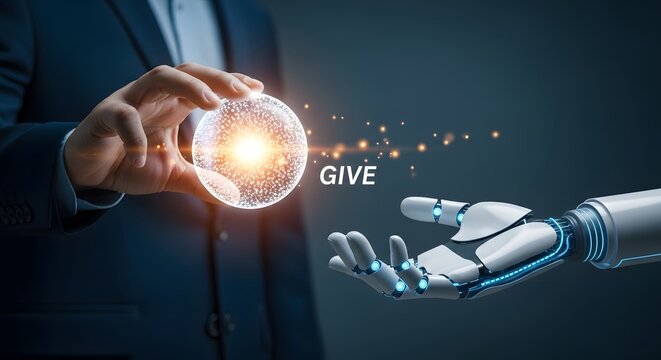 Human hand giving digital sphere to robot hand representing technology transfer