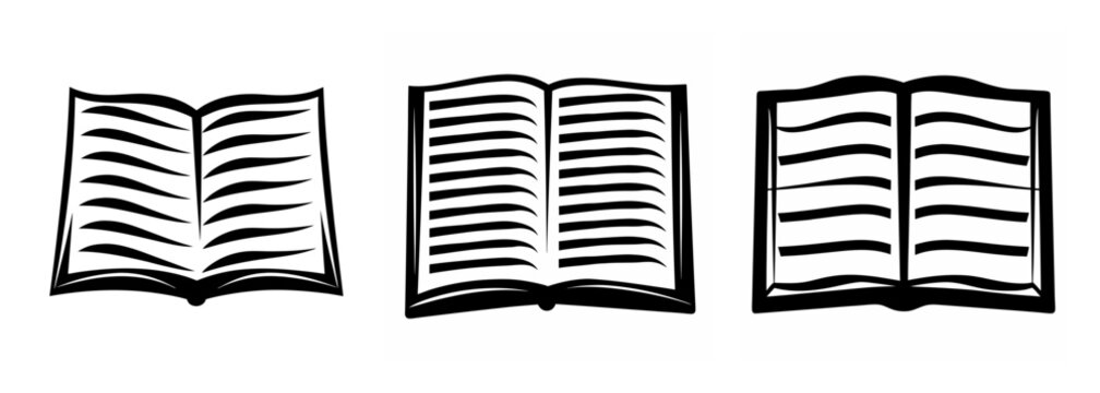 Three stylized open books symbols featuring lined pages for reading education and literature concepts