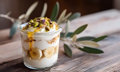 rustic glass jar of Greek yogurt banana pudding layered with bananas