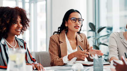 Creative agency, meeting or women in boardroom for discussion, campaign schedule or release date...