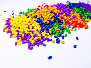 Colorful masterbatch granule, mix color polypropylene polymer granules, cold cutting type granule texture, isolated on white background, for industrial plastic company profile product catalog design	