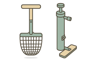 Obraz premium Sand scoop and manual bilge pump, essential tools for beachcombing and boating