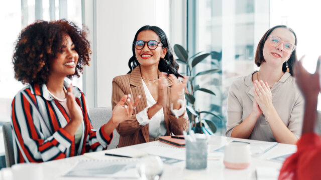 Applause, collaboration and fashion design with business women in boardroom for bonus or goals. Clapping, milestone and success with happy designer people at table in workplace for clothing company