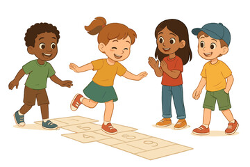 Diverse elementary students playing hopscotch game during school recess