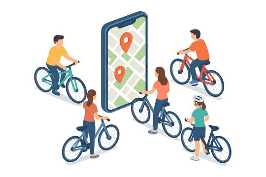 People riding bicycles guided by a large mobile map application showing location pins
