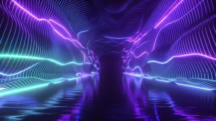 Mesmerizing neon light trails illuminate a futuristic digital corridor with water reflections - Powered by Adobe
