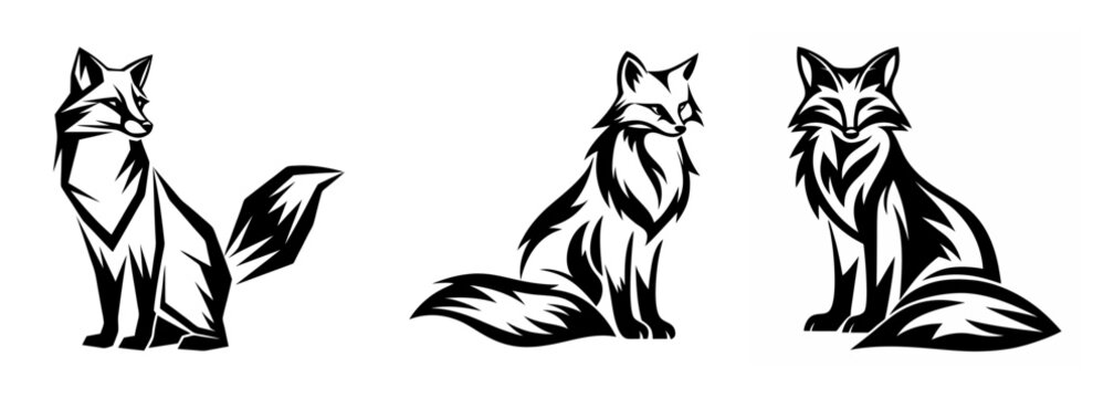 Artistic sketch of three sitting foxes with bushy tails detailed artistic rendering of forest animals