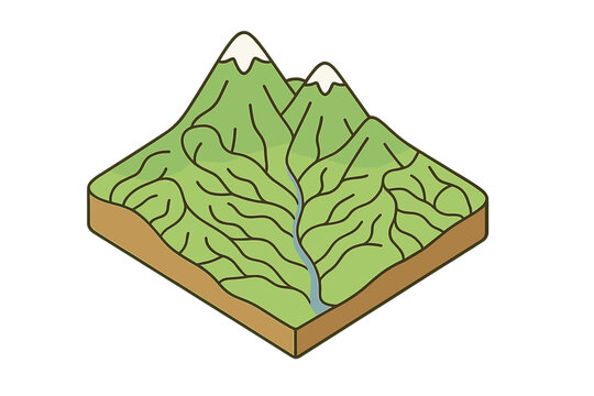Isometric view of mountain terrain with snow peaks and a river drainage system
