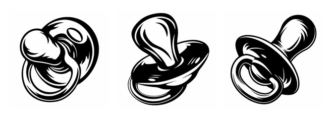 Three graphic stylized pacifiers shown in various angles each with a unique artistic rendering and texture