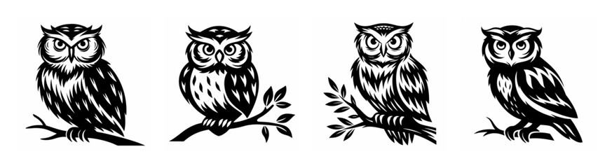 Obraz premium Four detailed black and white owl perched on branches vintage art