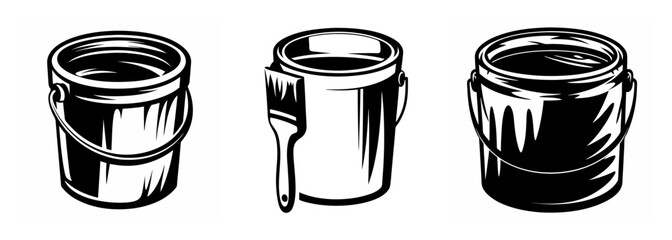 Three distinct paint buckets with drips and a brush design elements for creative projects