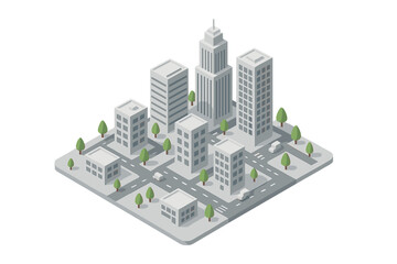 Isometric modern downtown area with high-rise buildings, streets, and green trees