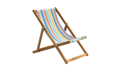 A vibrant, colorful striped fabric deck chair with a wooden frame, perfect for relaxation and summer leisure. background removed
