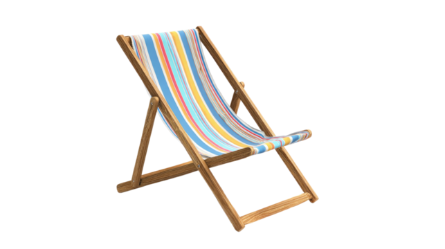 A vibrant, colorful striped fabric deck chair with a wooden frame, perfect for relaxation and summer leisure. background removed
