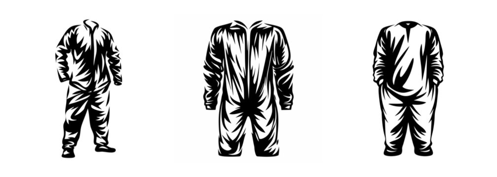 Three sketches of work jumpsuits on a plain background showcasing different stances and detail in clothing design