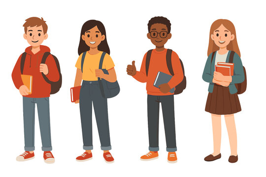 Group of smiling diverse students holding textbooks and wearing backpacks