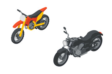 Obraz premium Contrasting pair of motorcycles featuring a colorful off-road dirt bike and a dark street cruiser