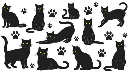Black Cat Collection Playful Poses and Paw Prints for Creative Design