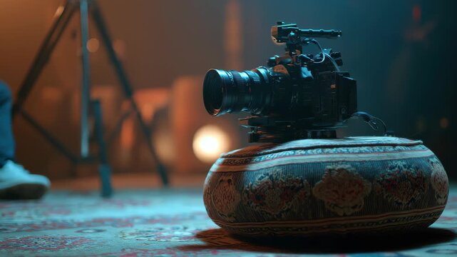 Camera setup on decorative cushion in a dimly lit studio during a film shoot in the evening hours with a cozy ambiance and vibrant lighting