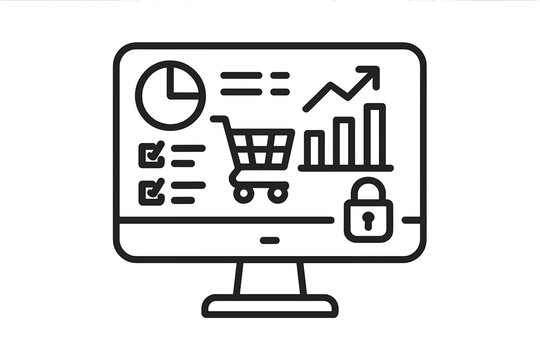 E-commerce business analytics dashboard on computer screen with shopping cart and security lock