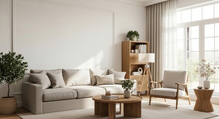 Fototapeta premium Interior living room shot with modern furniture featuring neutral colors and natural light.