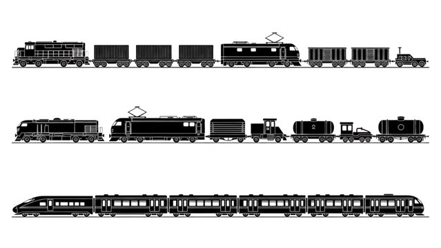 Collection of Freight and Passenger Trains in Side View Silhouette