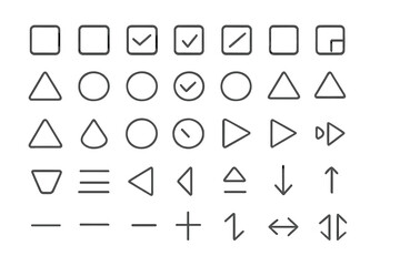 Essential minimalist line icons set featuring checkboxes, media controls, and navigation arrows