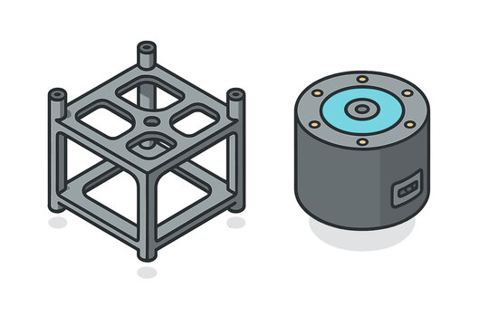 Isometric view of a CubeSat frame structure and cylindrical satellite component module