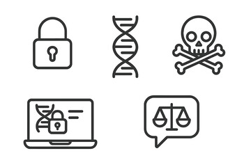 Outline symbols representing cybersecurity, genetic research, biohazard warning, and legal consultation