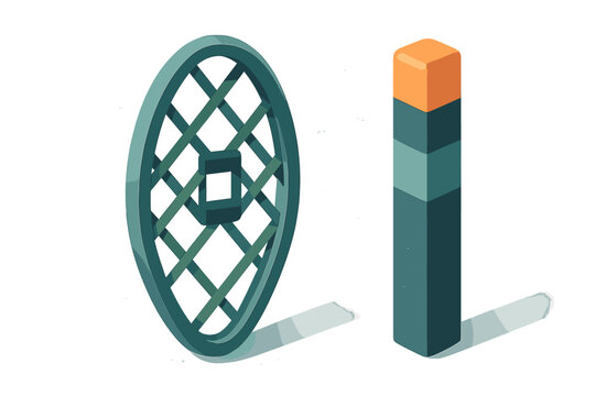 Abstract geometric shapes with lattice wheel and striped rectangular column in isometric view