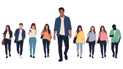 Diverse group of young people and students walking forward together, many using their smartphones