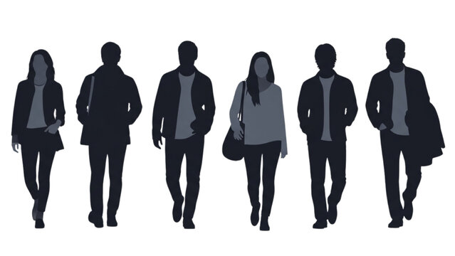 Vector silhouettes of a group of young casual people walking forward