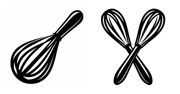 Two hand-drawn whisks a single whisk and crossed whisks for culinary baking and kitchen preparation