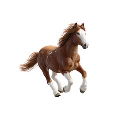 Obraz premium A beautiful brown horse with white markings on its face and legs gallops dynamically against a transparent background, showcasing its powerful movement. background removed