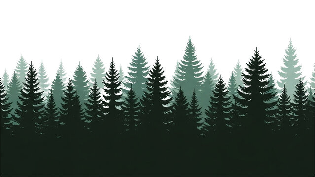 Panoramic silhouette of a dense green coniferous pine tree forest landscape
