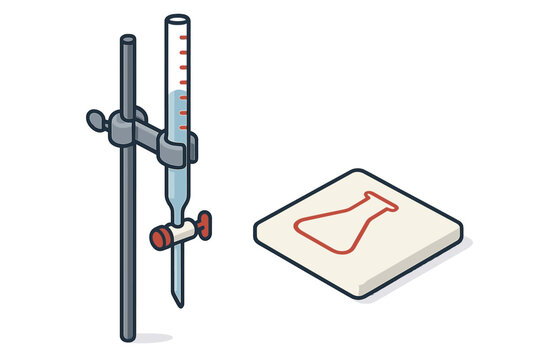 Scientific chemistry experiment equipment featuring a burette and stand with a flask symbol